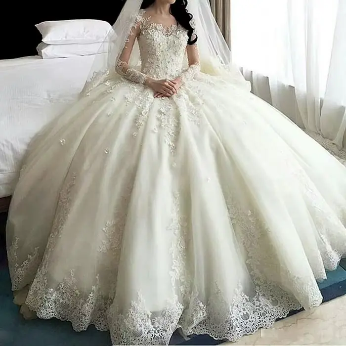 Robe de mariée en dentelle à manches longues, tenue de bal, cristal, fleurs, dubaï, nouvelle collect
