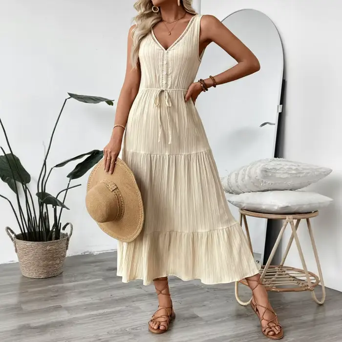 Robe longue texturée sans manches à volants pour femme, col en V, taille à nouer, beige, bleu foncé, bleu clair, décontractée et élégante, pour le quotidien et le week-end