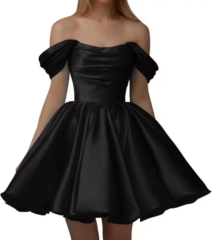 Robe de mariée courte élégante JIERUIZE en polyester satiné pour femmes, hors de l'épaule, silhouette en une ligne, décolleté Mon Amour, confectionnée pour les occasions spéciales et soirées inoubliables