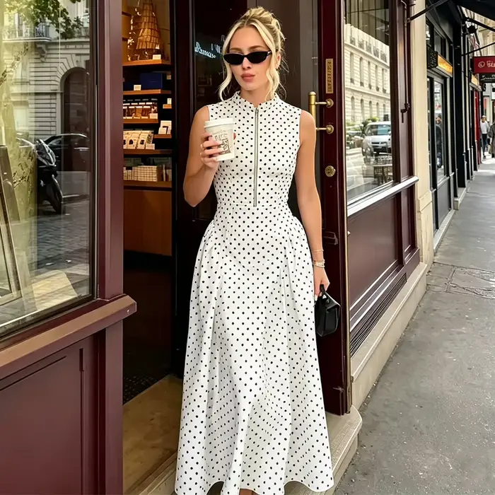 Robe élégante à pois avec fermeture éclair pour femmes