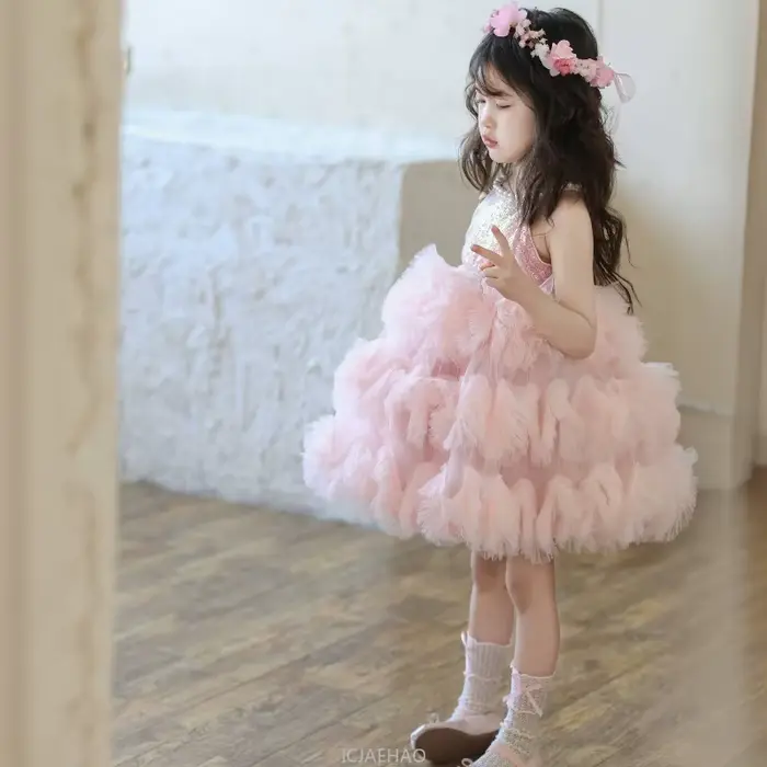 Robe de mer rose sans manches robes de fille de fleur Pageant hôte Tutu