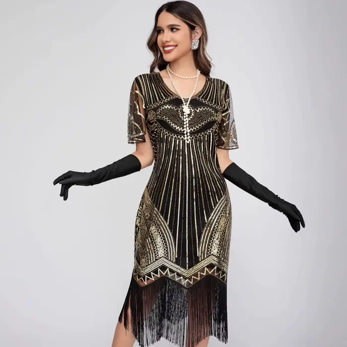 Robe Flapper Gatsby Vintage Années 20 Noire et Or à Paillettes Paon et Franges