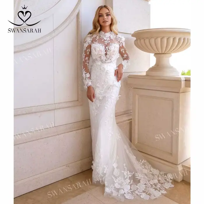 Robe De mariée sirène à manches longues, avec des Appliques romantiques, princesse De plage, personn