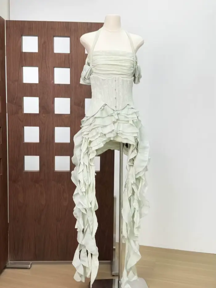 Robe drapée à volants pour femmes, ensemble trois pièces, Sexy, col licou, pliable, haut Corset à la
