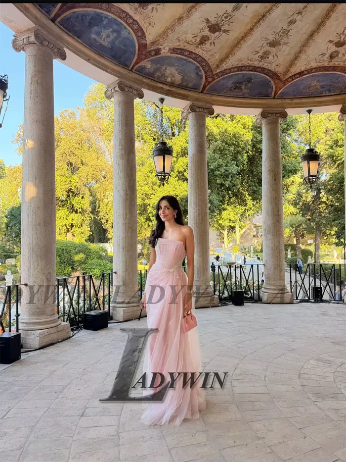 LADYWIN Robe de Soirée Asymétrique Modeste Personnalisée Rose Poudré en Tulle