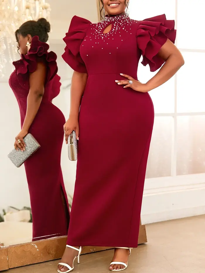 Robe d'invitée de mariage personnalisée en polyester et élasthanne avec perles et volants pour femmes, style sexy et club, idéale pour les mariages, anniversaires, bal et soirées romantiques
