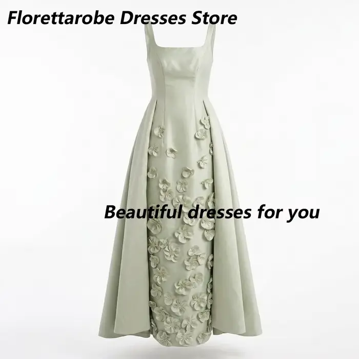 Robe de soirée vert sauge à fleurs 3D col carré personnalisé plissée droite en satin sans manches pour bal de promo et fêtes occasions spéciales