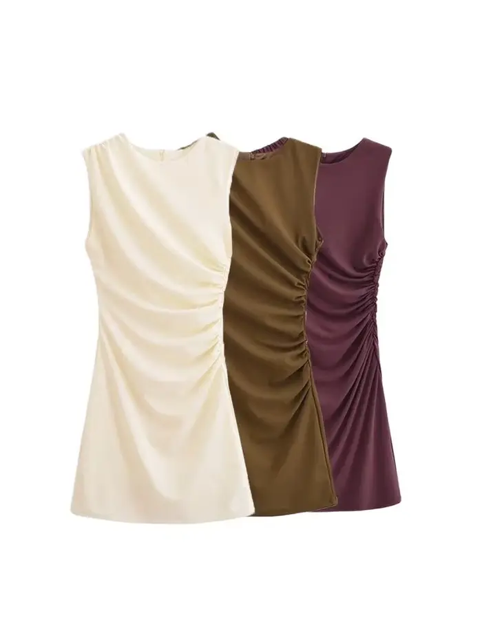 Robe drapée TRZA en polyester pour femmes, sexy et club, mini, sans manches, col rond, occasion spéciale