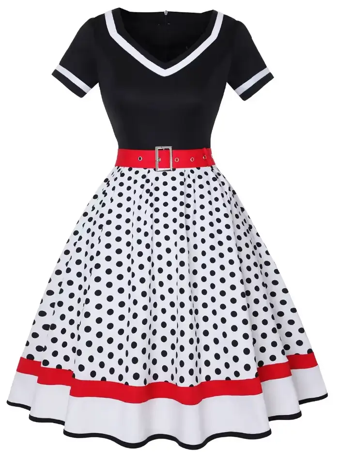 Robe Vintage des Années 50 et 60 en Coton Polyester Élégante avec Imprimé à Pois et Ceinture pour Femmes Occasions Spéciales