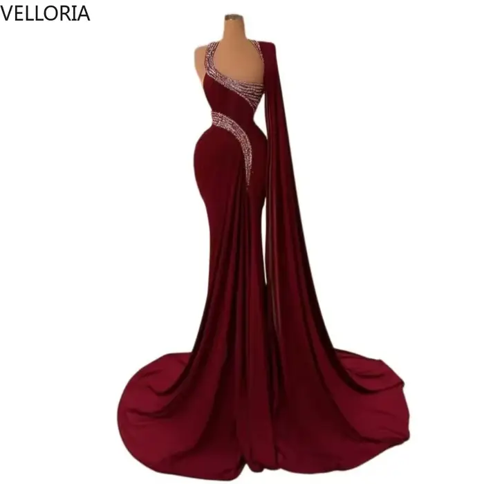 Robe de soirée arabe bordeaux, avec Cape, manches longues, perles et cristaux, robe de bal sirène, a