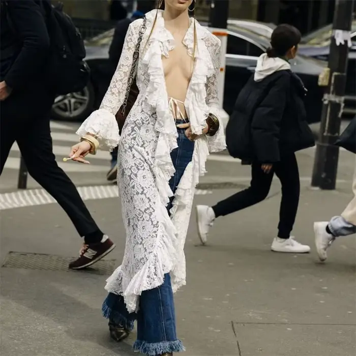 Robe longue fluide en dentelle pour femmes, tenue de plage, vacances, à volants, transparente, Sexy,