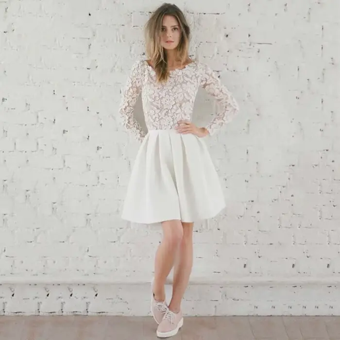 Robe de Mariée Courte en Dentelle, Tenue Moderne, Sexy, Dos aux, Col Bijou, Manches sulf, Quelle que