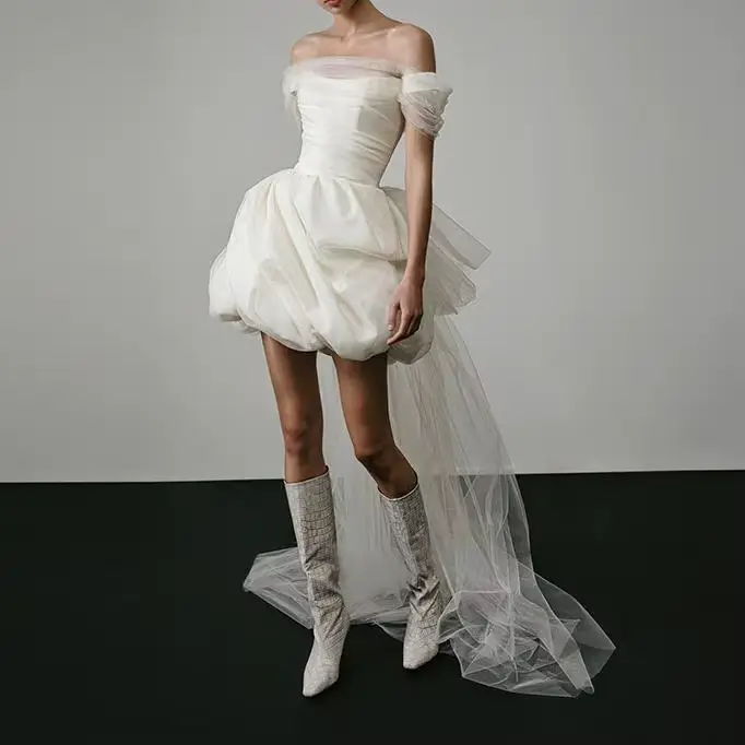 Robe de Mariée Courte Classique et Élégante, Col Bateau, Patients Simples, Dos aux, Sexy, Éducative,