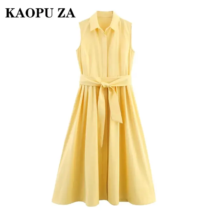 Robe chemise sans manches en polyester avec col polo et ceinture à la taille pour femmes, style décontracté et élégant pour l'été