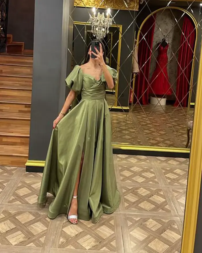 Robe de soirée verte en satin avec col en V et manches courtes pour femmes, élégante et sophistiquée pour soirées officielles et cérémonies de mariage