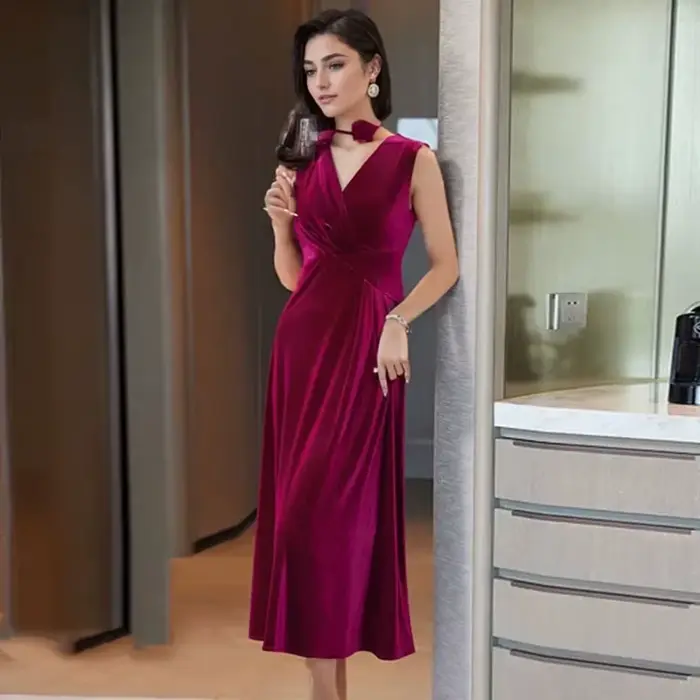 Robe en velours doré à la mode col en V sans manches pour femmes printemps automne soirée mariage occasionnels