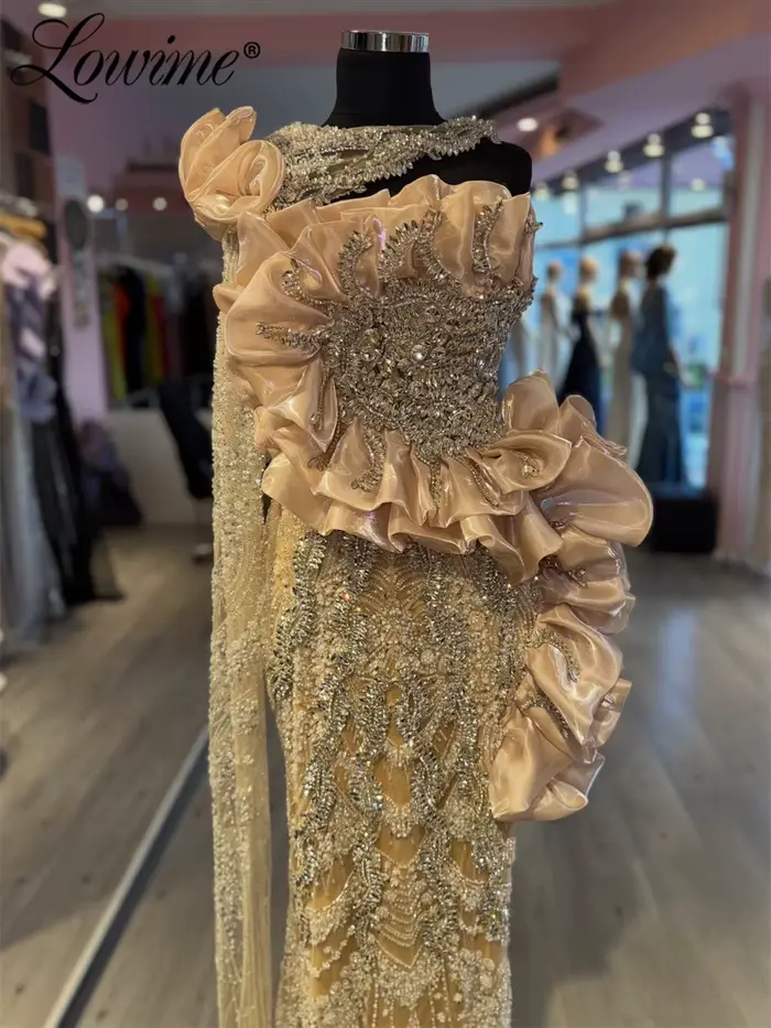 Robe de Soirée Arabe Élégante pour Femme, Modèle 2026, à Épaule Unique, Couleur Champagne, Personnal