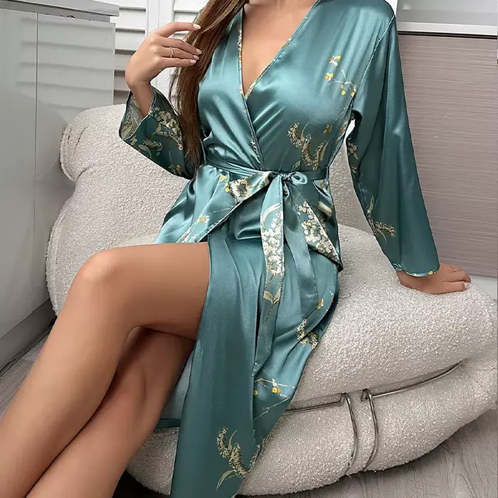 Peignoir de bain pour femme - Robe de nuit à manches longues en soie glacée imprimé cerises, mode es