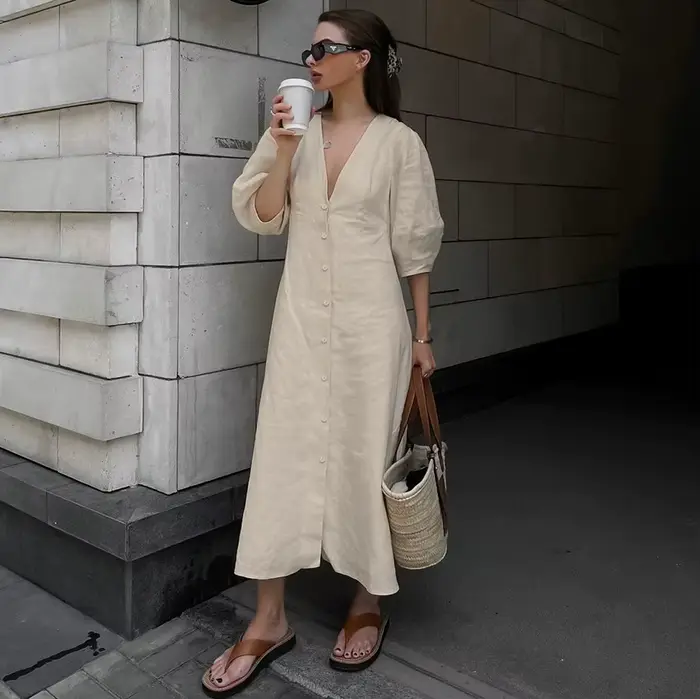 Robe en coton et lin 2026, style Y2K français, col en V, manches bouffantes, robe dos nu à lacets, r