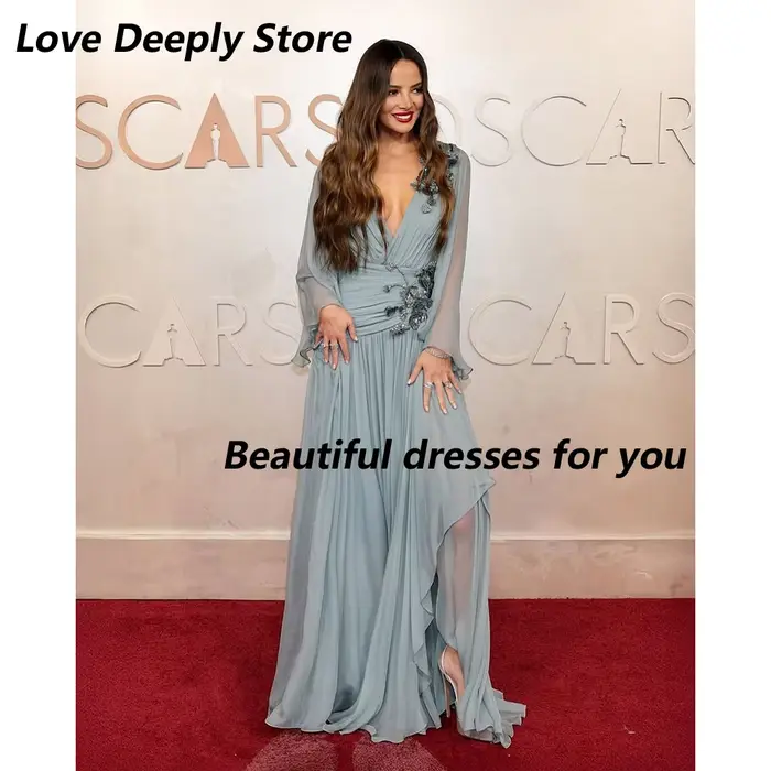 Robe de bal Sexy pour femmes, col en v, manches longues, perles appliquées, ligne A, longueur au sol