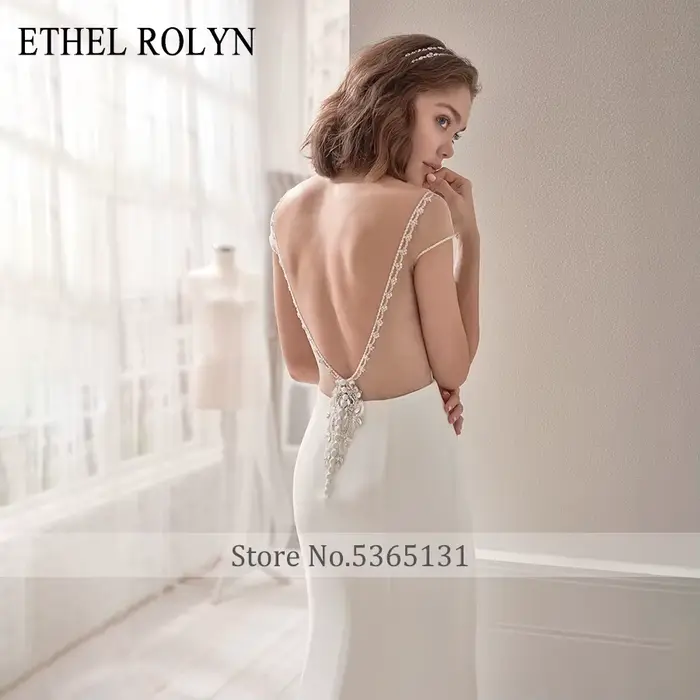 ETHEL ROLYN robe De mariée sirène élégante dos nu Satin perlé cristal col en v manches courtes robes