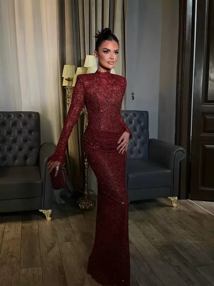 Robes de soirée de luxe dubaï Vintage Claret Occasion formelle robes de bal dentelle brillante personnalisé فسات
