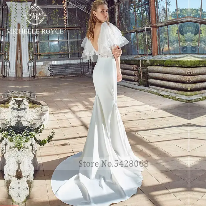 Robe de mariée Michelle Royce Sirène en mousseline avec décolleté en V illusion et manches évasées pour femmes élégantes et occasions spéciales