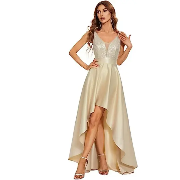 Robe dorée col en V asymétrique à plissé pour soirées officielles femmes occasions spéciales