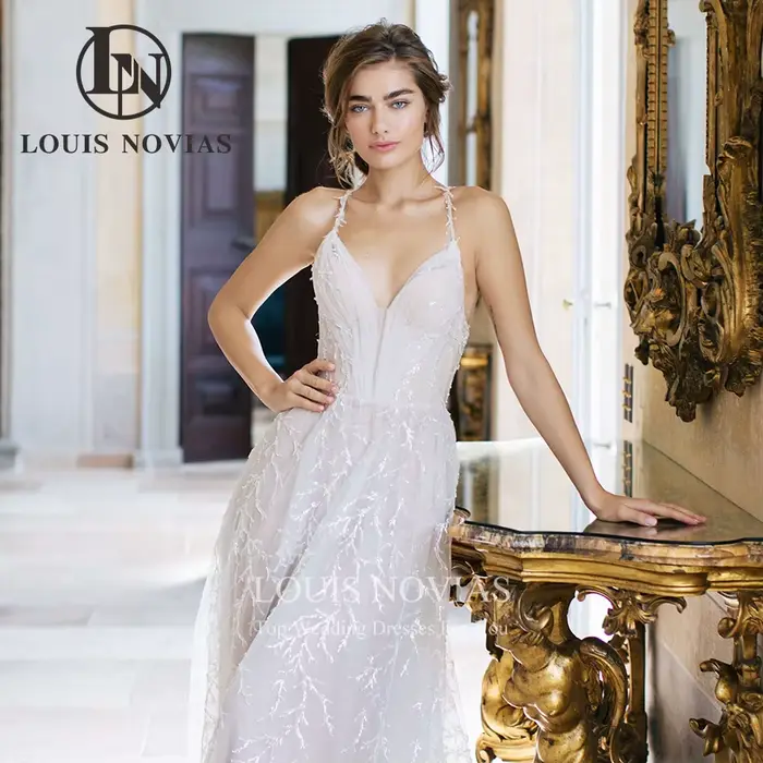 Robe de mariée A-Line en tulle perlé avec licou sexy, col en V, dos nu et lacets pour femmes - Occasions spéciales