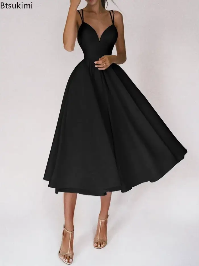 Robe de soirée élégante pour femmes, camisole sans manches, polyester, mi-mollet, col en V, pour mariages, soirées et occasions spéciales