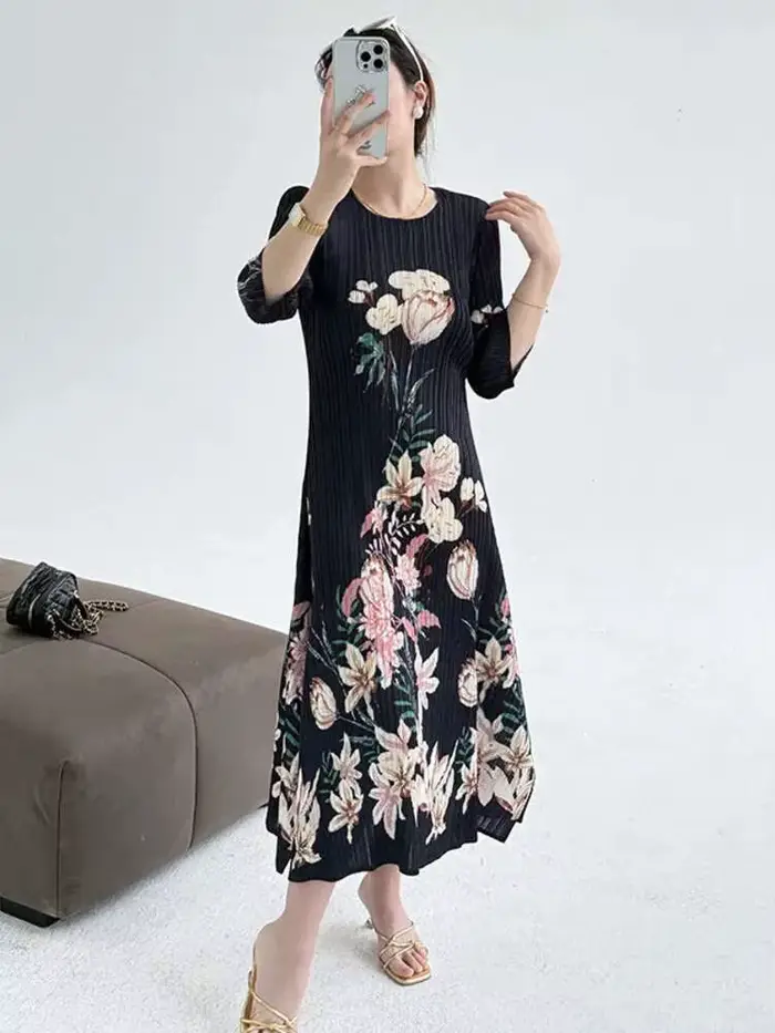 Robe LANMREM en polyester imprimée vintage col rond pour femmes occasions spéciales printemps été