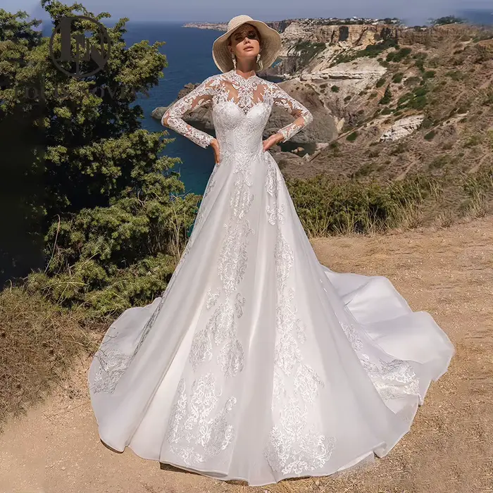 Modiis-Robe de mariée A-Line à manches longues et col rond, robe de patients, broderie semi-transpar