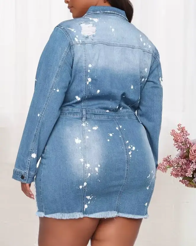 Robe en denim high street à manches longues et col rabattu avec ourlet déchiré et éclaboussures d'encre pour femmes, mini robe pour toutes les occasions spéciales