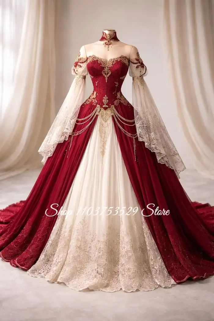 Robe de mariée vintage bordeaux style victorien avec appliques dorées, corset en dentelle, robe de s