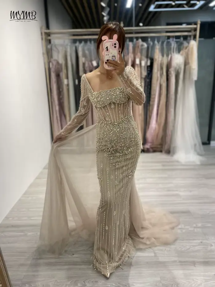 Robe MYMB sirène en polyester avec décoration en perles pour femmes, robes de soirée, mariage, gala, occasions spéciales