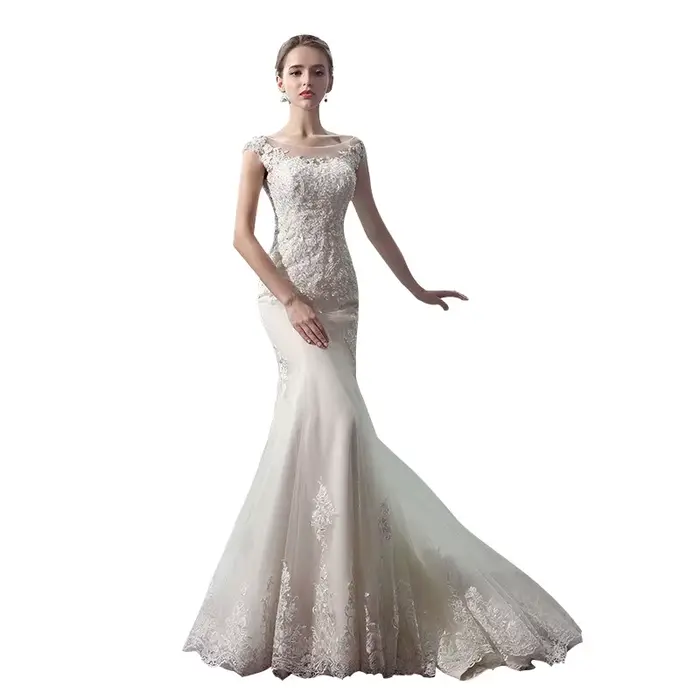 Robe de mariée de luxe en dentelle brodée col rond silhouette sirène personnalisée pour femmes enceintes occasions spéciales