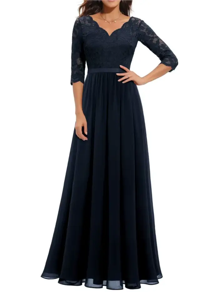 Robe ample femme élégante polyester col en V dentelle trois quarts bureau dame printemps été occasions spéciales soirée