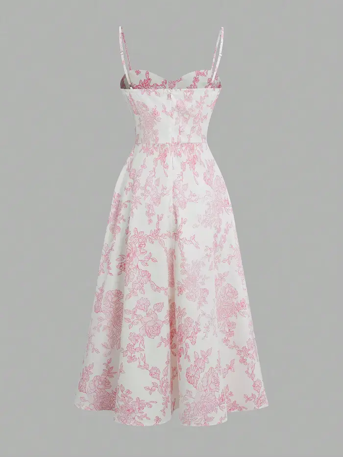 Robe élégante à imprimé floral rose avec fines bretelles et taille évasée