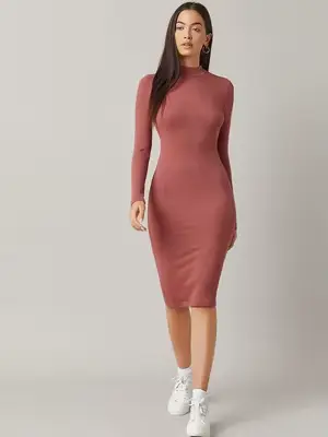 Robe moulante mi-longue côtelée rose poudré pour femme, robe décontractée à col haut et manches long