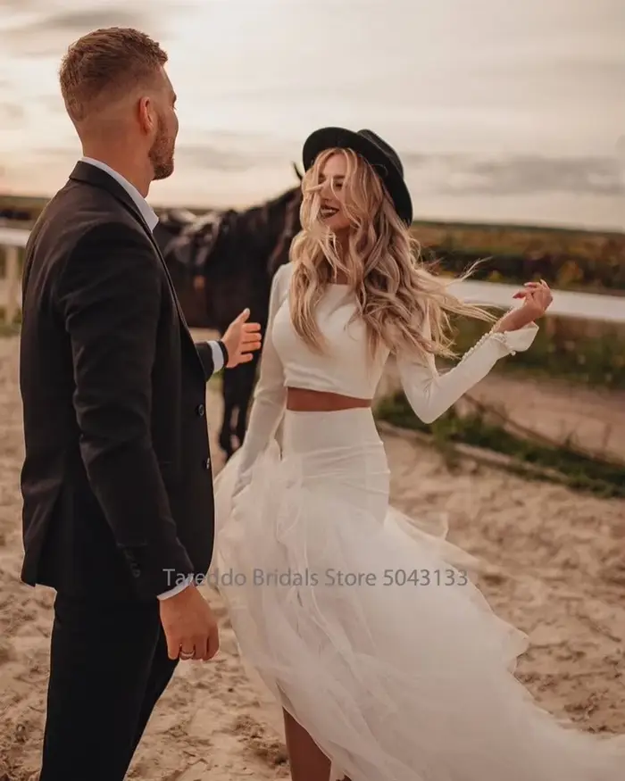 Robe de mariée en jersey bohème deux pièces personnalisée manches longues taille basse polyester avec train de la cour pour femmes romantique et décontractée occasions spéciales