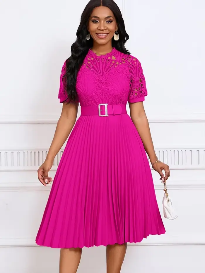 Robe Midi Plissée à Manches Courtes et Col Rond pour Femme