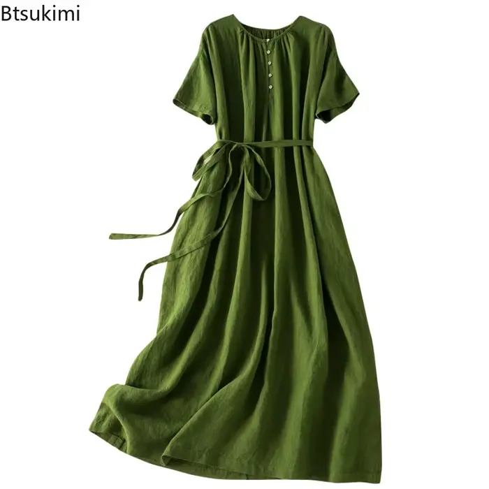 Robe en coton et lin décontractée vintage maxi à lacets pour femmes d'été ocasions spéciales et quotidiennes