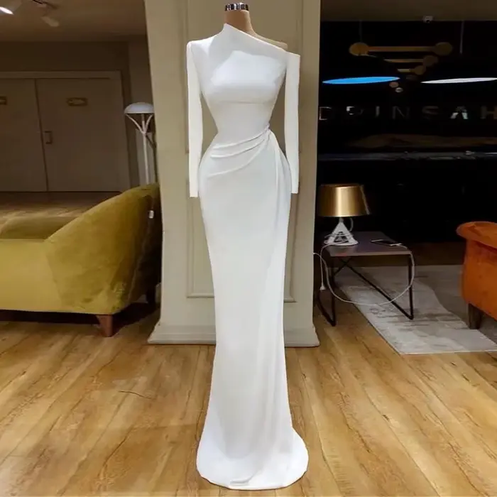 Robe de Soirée en Satin à Manches sulfpour Femme, Tenue de Style Sirène, Vintage, Blanche, pour Occa