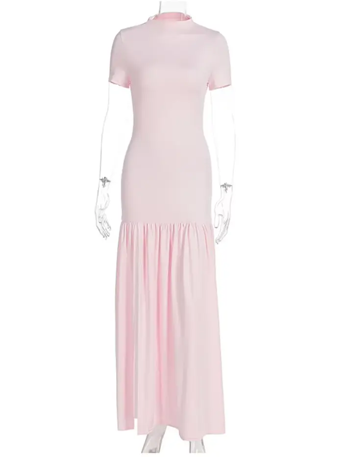 Robe longue rose élégante Joskaa à volants, sexy, col rond, manches courtes, fente haute, moulante, 