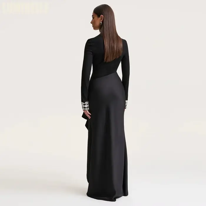 Robe de bal noire à col montant pour femmes, style sirène, perles et cristal, soirée de gala, cérémonies formelles, luxe 2026