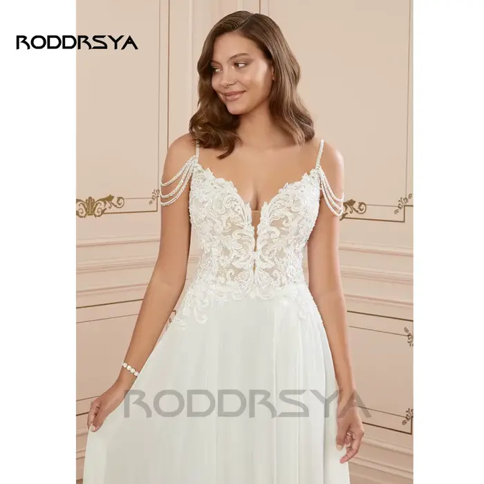 RODDRSYA Robe de mariée bohème pour femme style cœur en dentelle dos nu en mousseline personnalisable pour la plage