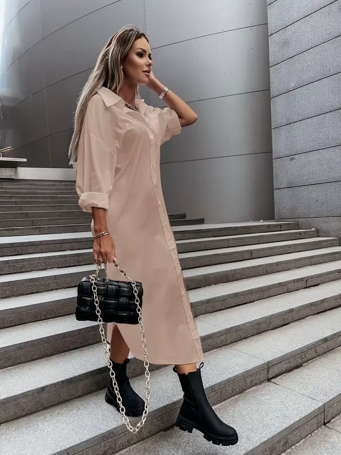 Robe chemise à manches longues pour femme avec col rabattu et boutons sur le devant