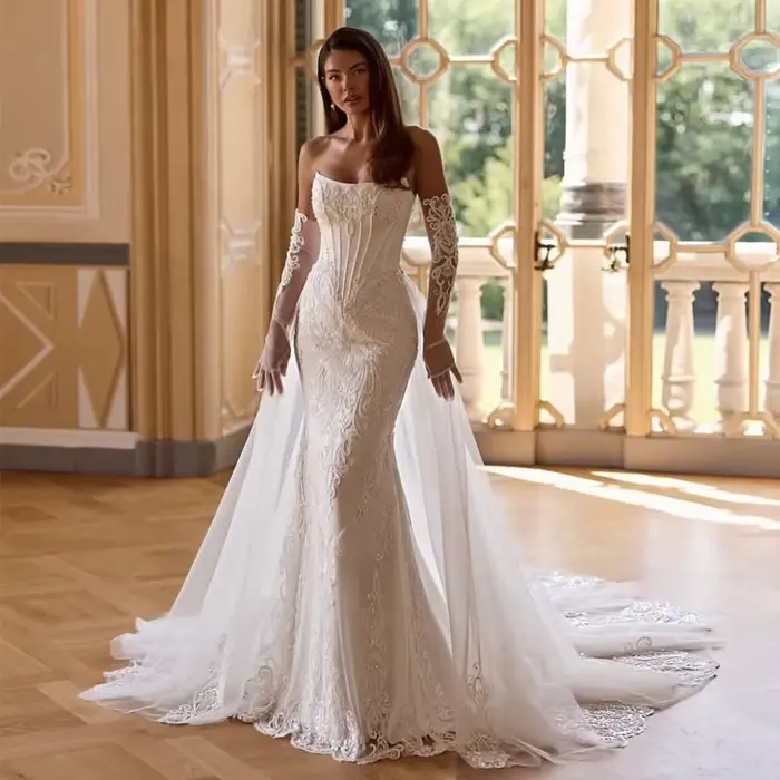 Robe De mariée élégante en Satin, personnalisée, sans bretelles, avec des appliques De rêve, perles,