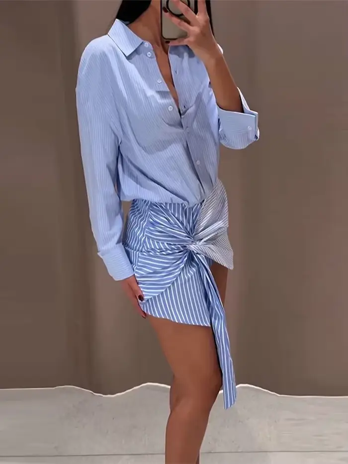 Robe chemise rayée bleu clair pour femme