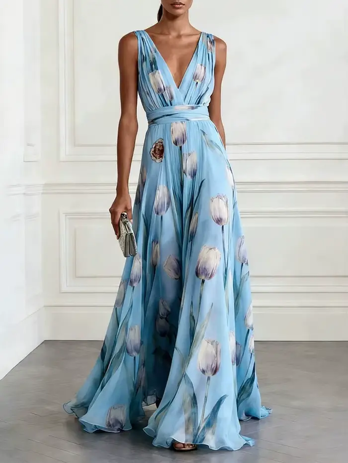 Robe longue élégante en mousseline de soie à col en V profond